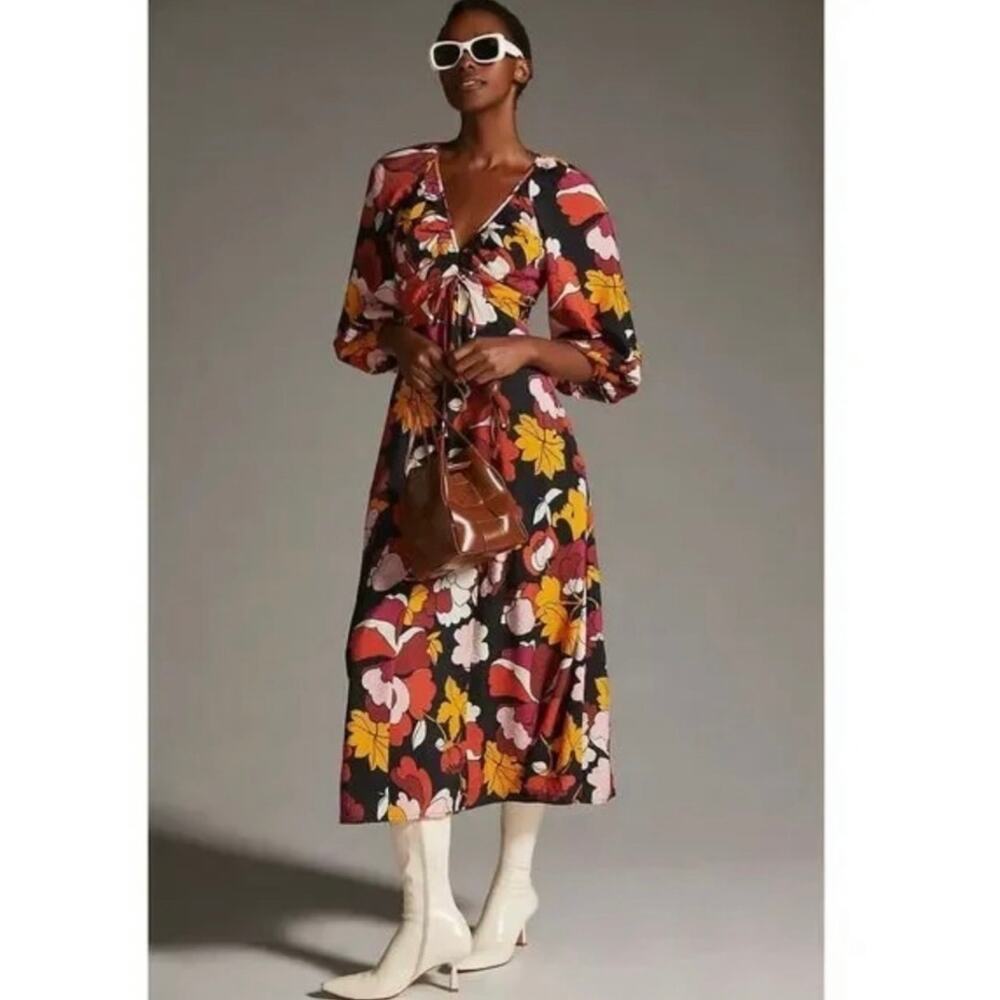Anthropologie Maeve Deep-V Ruched Midi Floral Dress‎ Retro Mod Women's 10